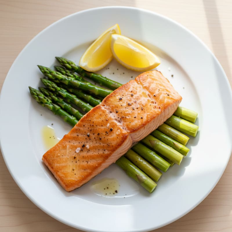 Seared Salmon Fillet with Steamed Asparagus and Lemon