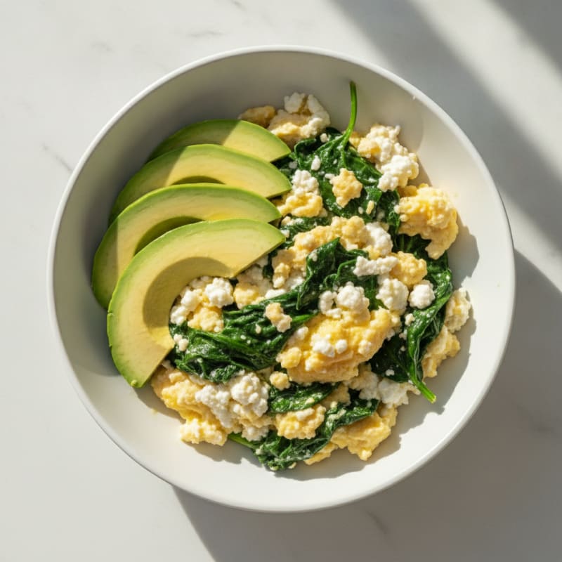 Scrambled Eggs with Cottage Cheese and Sautéed Spinach
