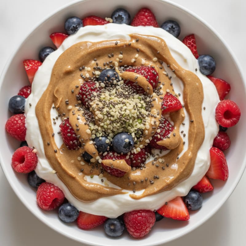 Greek Yogurt Parfait with Mixed Berries, Almond Butter, and Chia Seeds