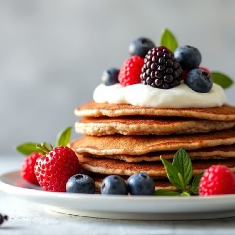 Buckwheat Protein Pancakes with Mixed Berries and Greek Yogurt