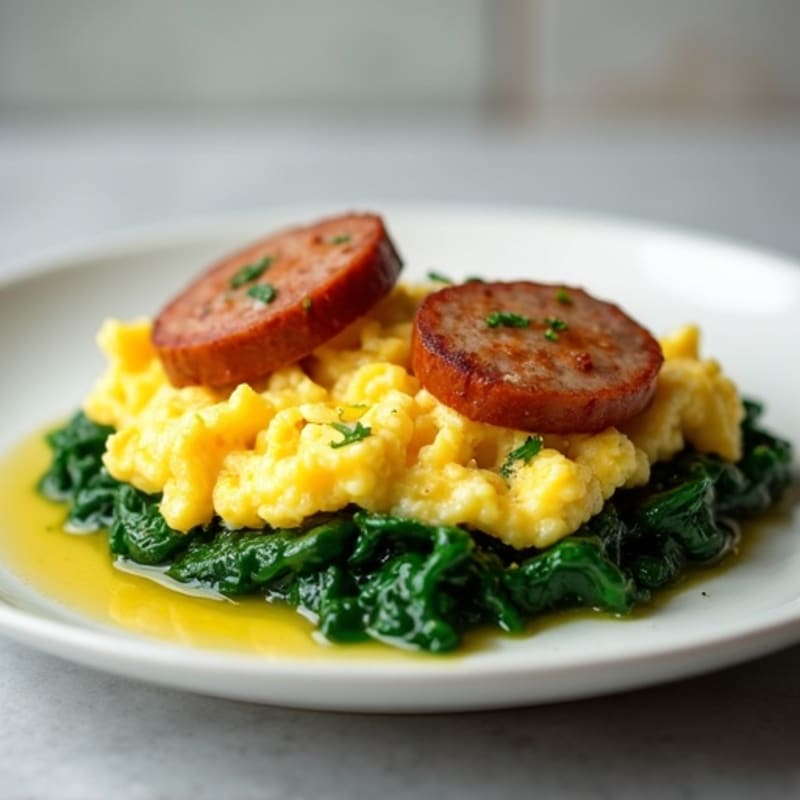 Scrambled Eggs with Turkey Sausage and Sautéed Spinach