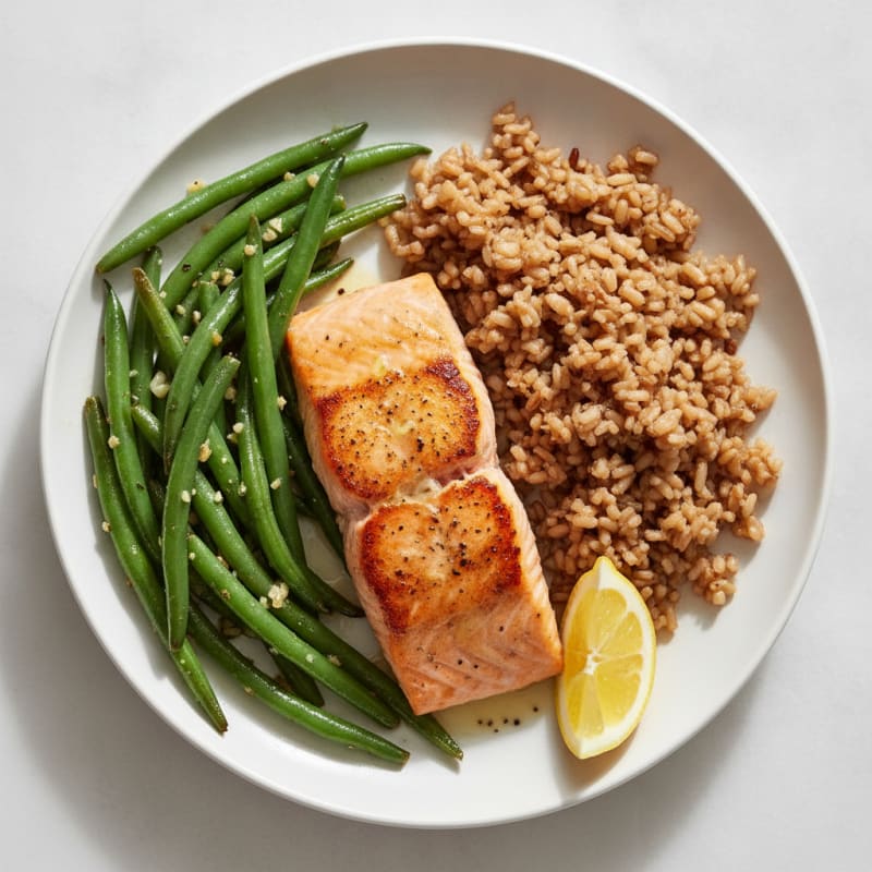 Seared Salmon with Garlic Green Beans and Brown Rice