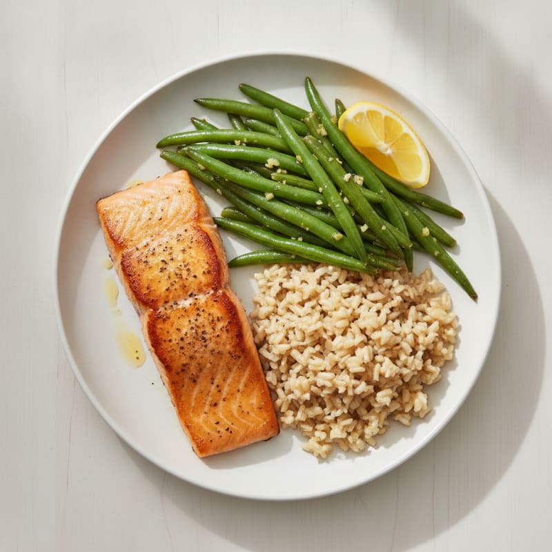 Seared Salmon with Garlic Green Beans and Brown Rice
