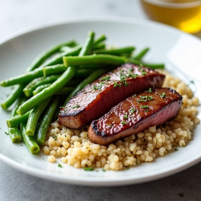 Seared Lean Beef Strips with Sautéed Green Beans and Quinoa