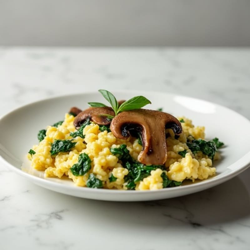 Cottage Cheese Scramble with Spinach and Sautéed Mushrooms