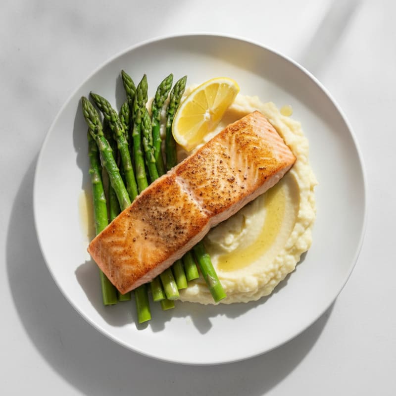 Seared Salmon with Steamed Asparagus and Cauliflower Mash