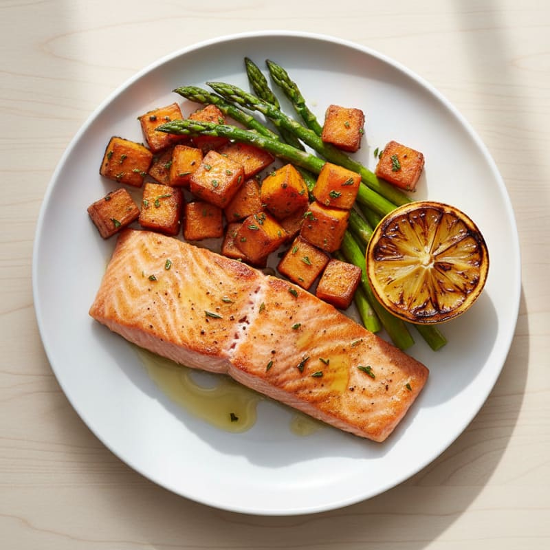 Seared Salmon Fillet with Roasted Sweet Potato and Asparagus
