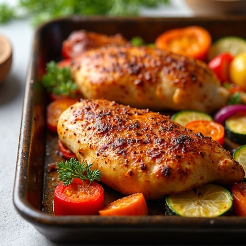 Sheet Pan Harissa Chicken with Crispy Roasted Rainbow Vegetables