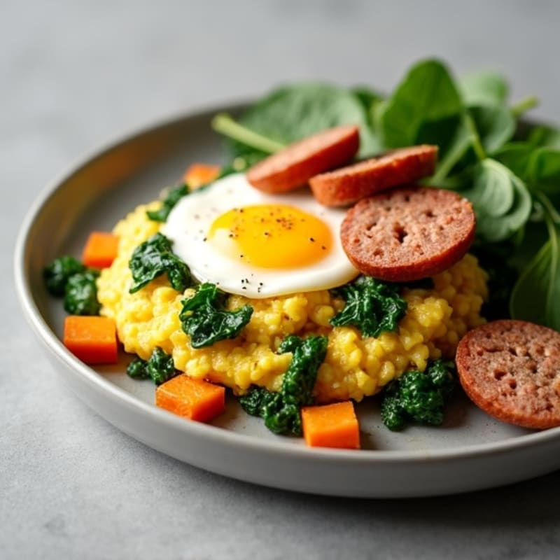 Egg White and Turkey Sausage Scramble with Spinach and Roasted Sweet Potato