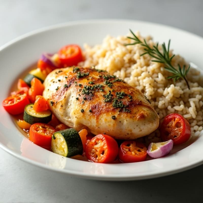 Lemon Herb Roasted Chicken with Crispy Roasted Vegetables and Fluffy Brown Rice