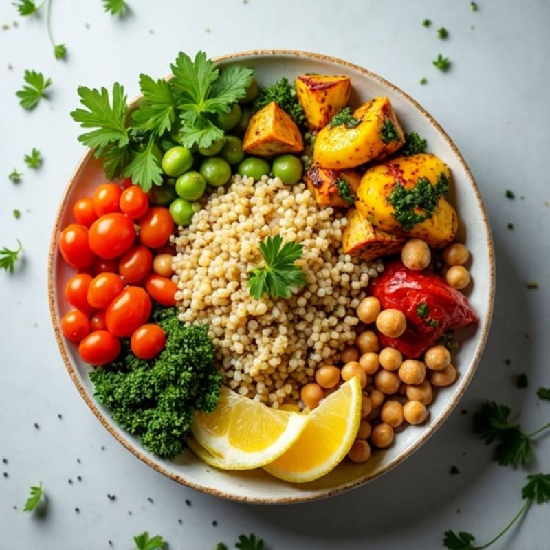 Hearty Quinoa and Roasted Vegetable Bowl with Lemon-Herb Dressing