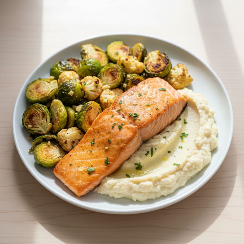 Seared Salmon Fillet with Roasted Brussels Sprouts and Cauliflower Mash