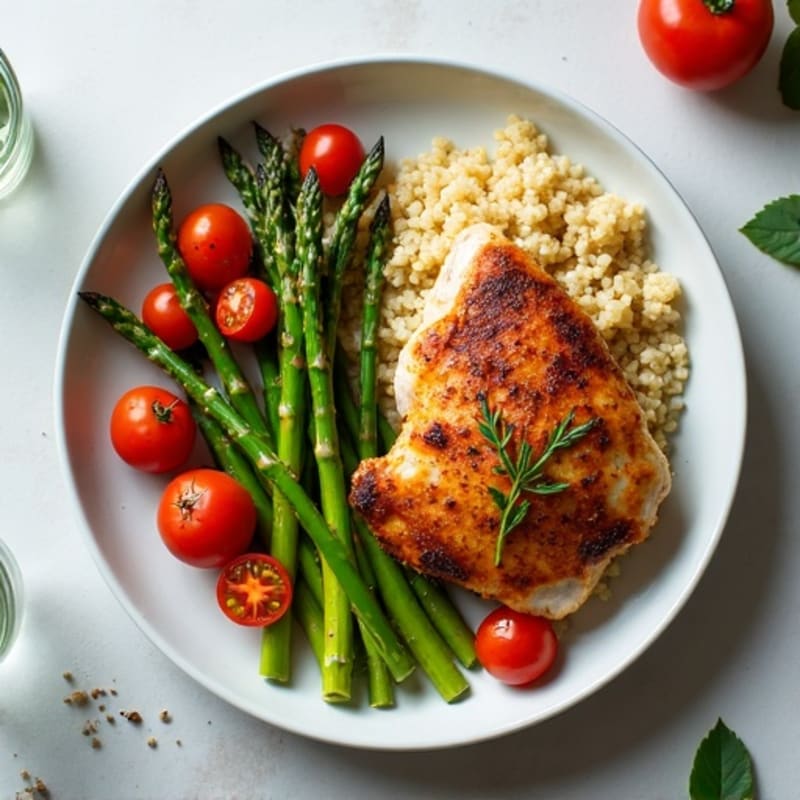 Crispy Pan-Seared Chicken with Roasted Asparagus and Cherry Tomatoes