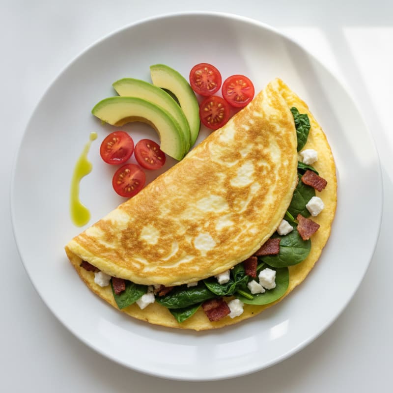 Crispy Egg White Omelet with Turkey Bacon and Spinach