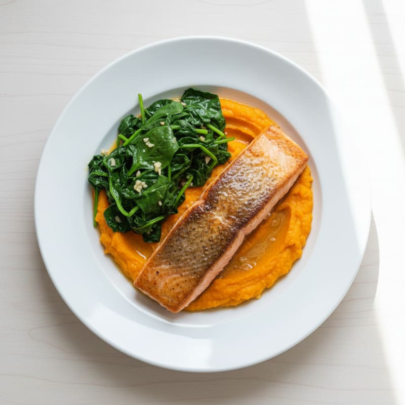 Seared Salmon with Garlic Spinach and Sweet Potato Mash