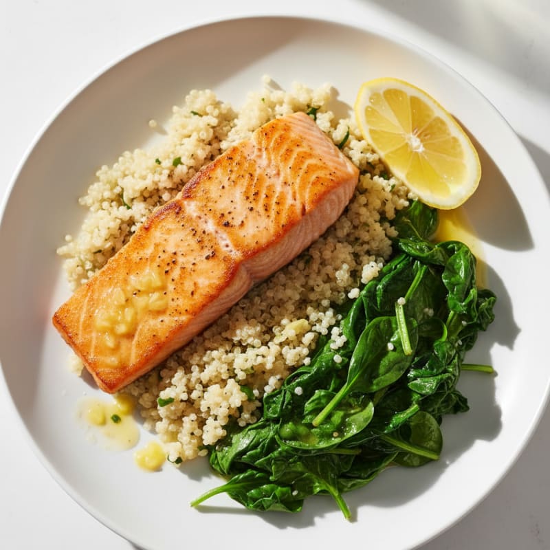Seared Salmon with Garlic Quinoa and Sautéed Spinach