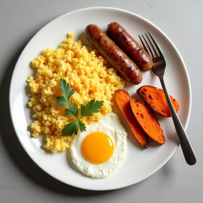 Egg White Scramble with Turkey Sausage and Roasted Sweet Potato