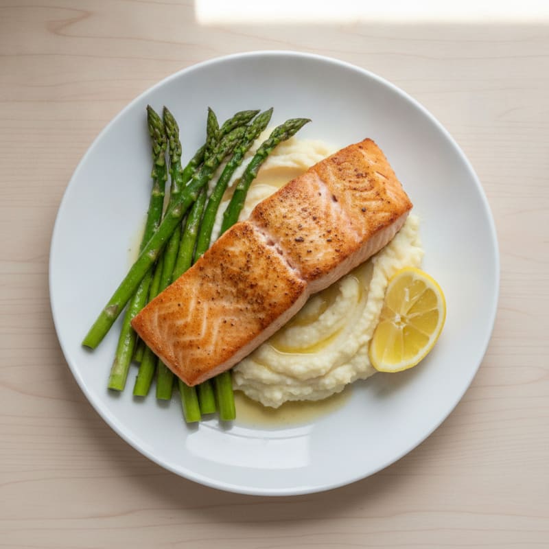 Seared Salmon with Roasted Asparagus and Cauliflower Mash