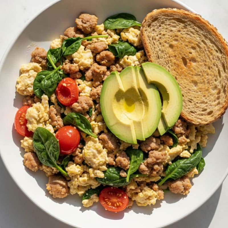 Egg White and Turkey Sausage Scramble with Spinach and Tomatoes