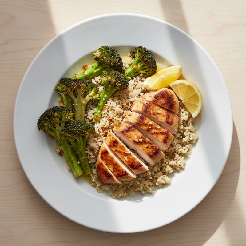Seared Chicken Breast with Roasted Broccoli and Quinoa