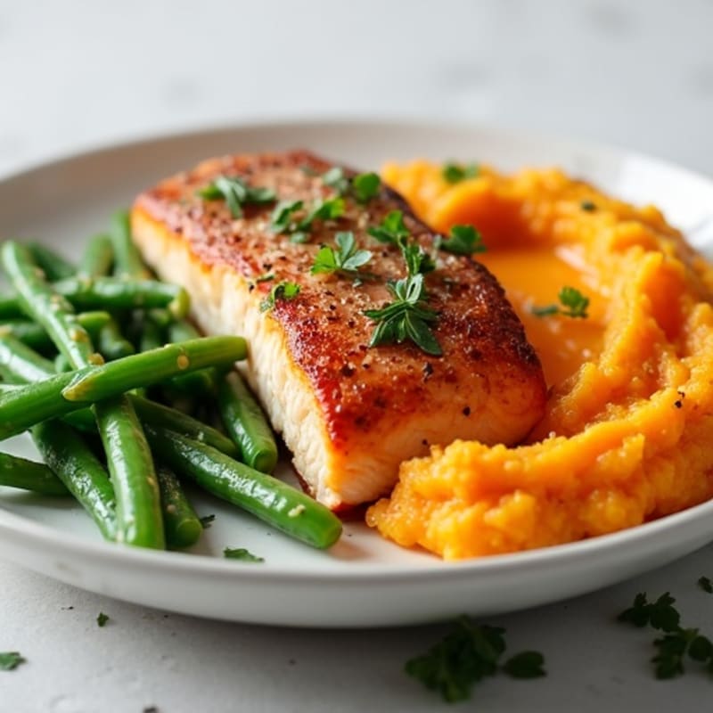 Seared Salmon Fillet with Steamed Green Beans and Mashed Sweet Potatoes