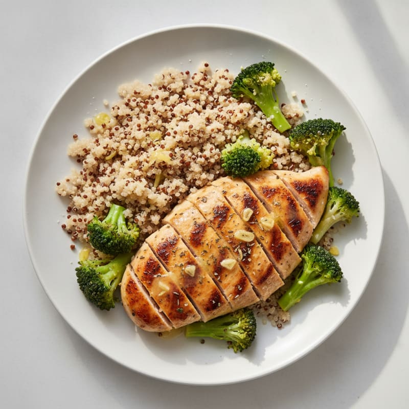 Grilled Chicken Breast with Steamed Broccoli and Quinoa