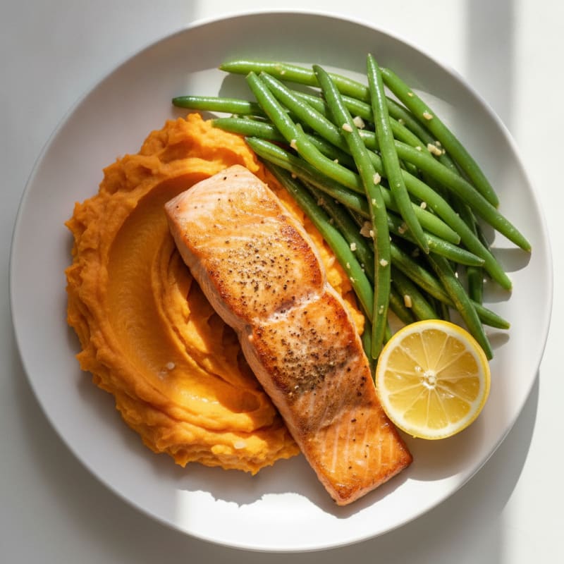 Seared Salmon with Garlic Green Beans and Mashed Sweet Potato