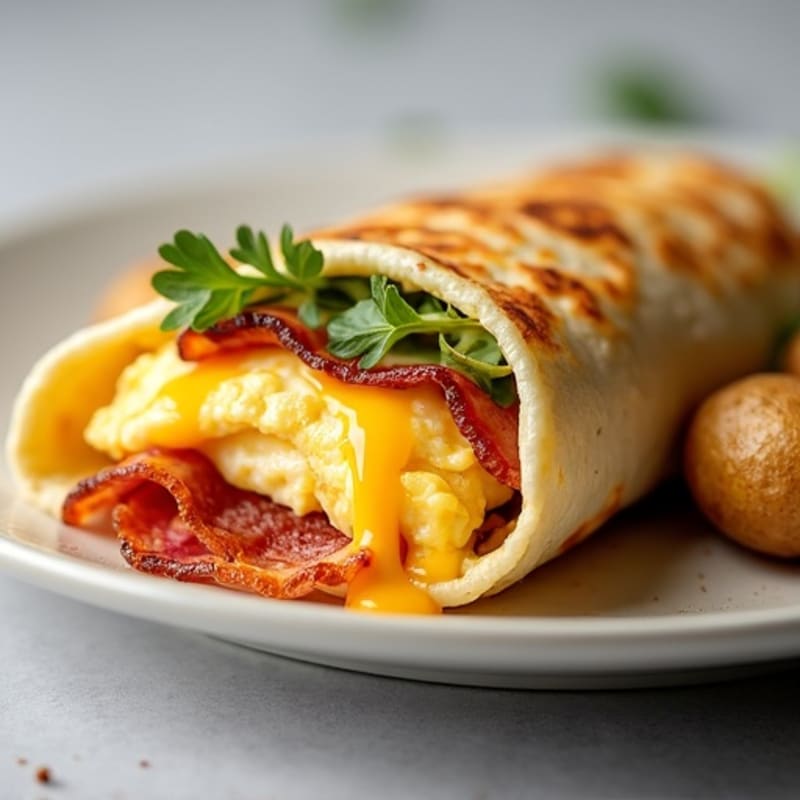 Low Carb Cheesy Egg Wrap with Crispy Turkey Bacon and Roasted Potatoes