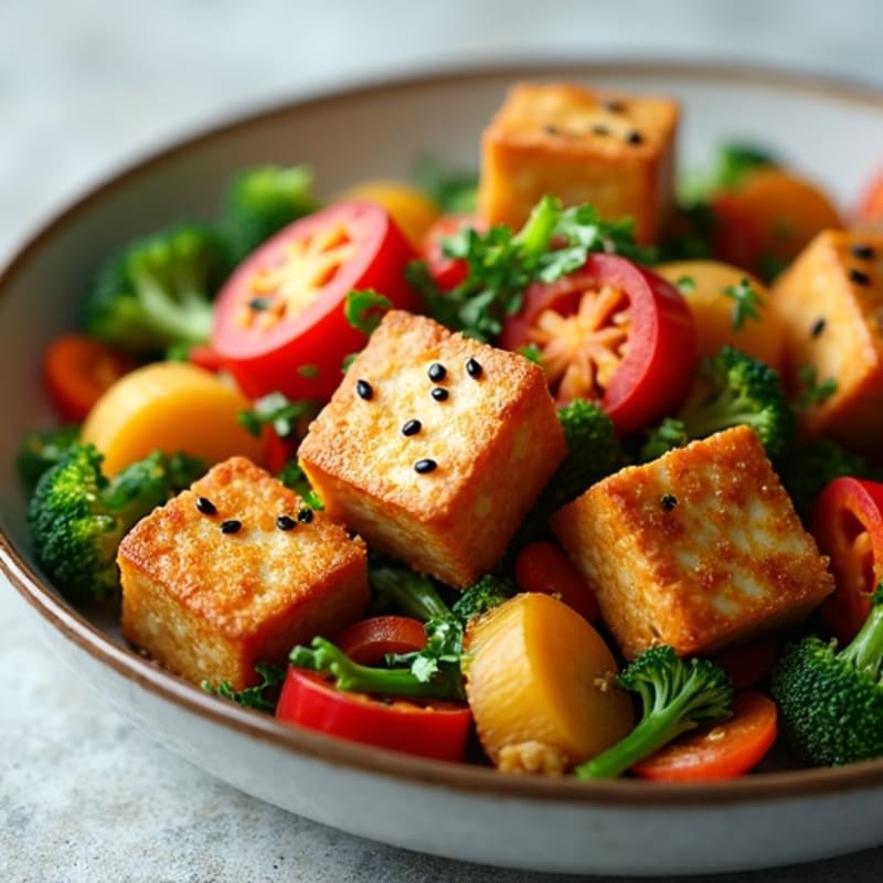 Crispy Sesame Tofu with Stir-Fried Vegetables