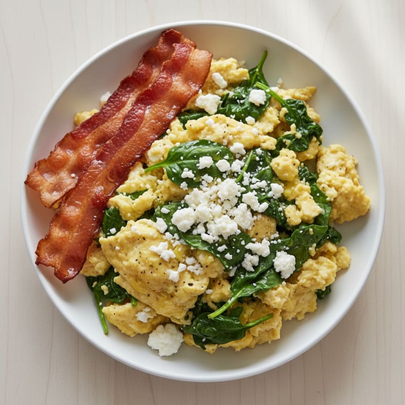 Cottage Cheese and Spinach Egg Scramble with Turkey Bacon