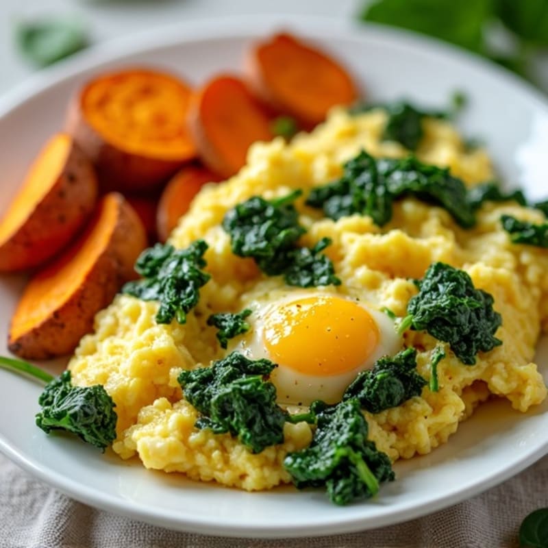 Fluffy Scrambled Eggs with Sautéed Spinach and Roasted Sweet Potatoes