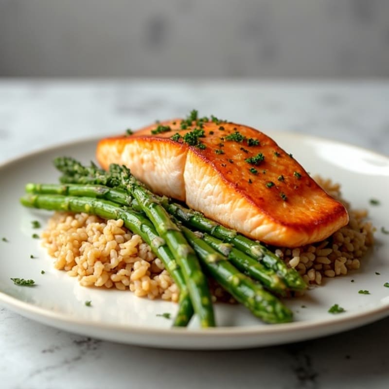 Seared Salmon with Steamed Asparagus and Brown Rice