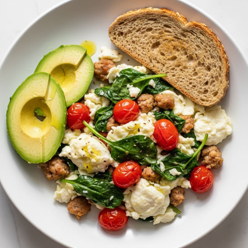 Egg White and Turkey Sausage Scramble with Spinach and Tomatoes