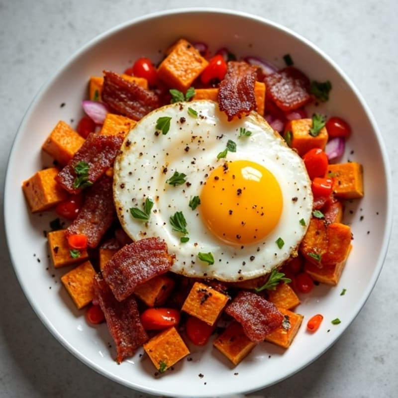 Sheet Pan Roasted Sweet Potato and Egg Hash with Crispy Bacon