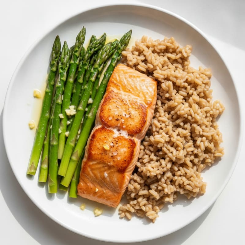 Seared Salmon with Steamed Asparagus and Brown Rice
