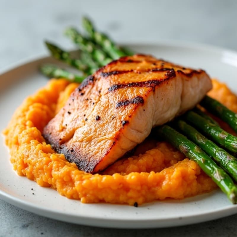 Seared Salmon with Roasted Asparagus and Sweet Potato Mash
