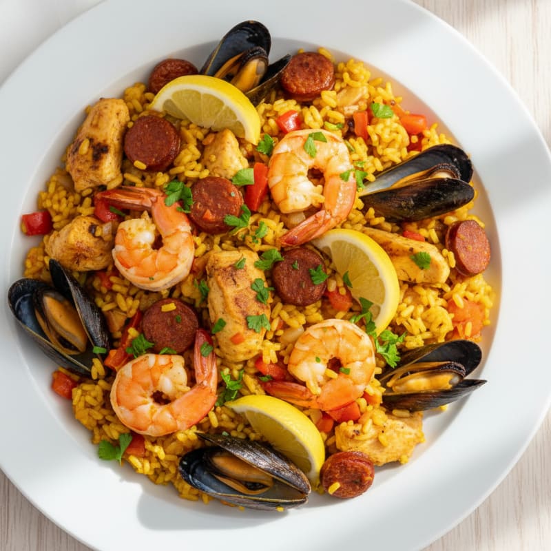 Saffron Seafood Paella with Chorizo