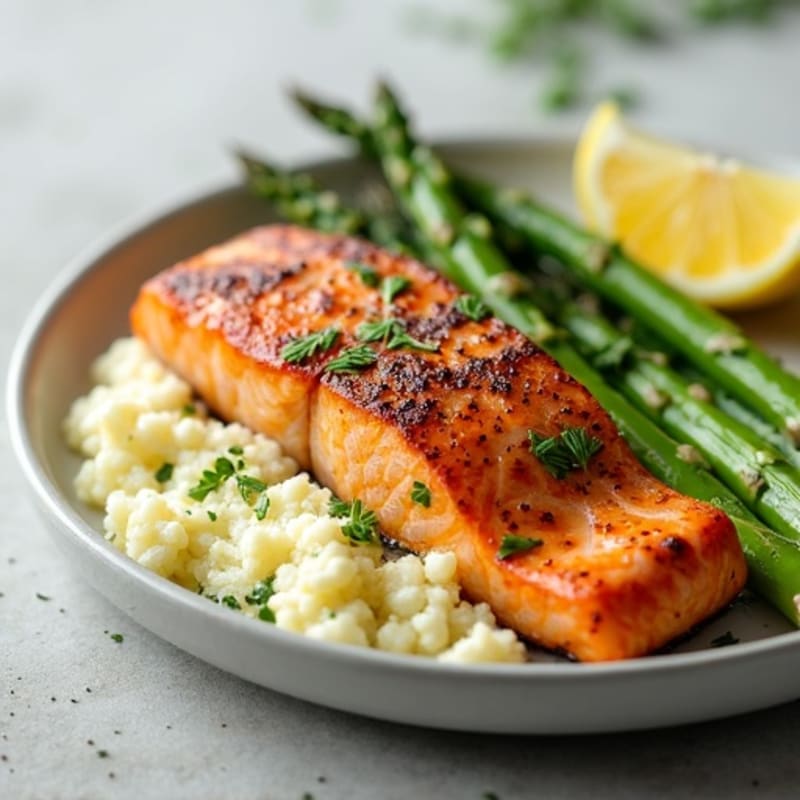 Seared Salmon with Steamed Asparagus and Cauliflower Mash