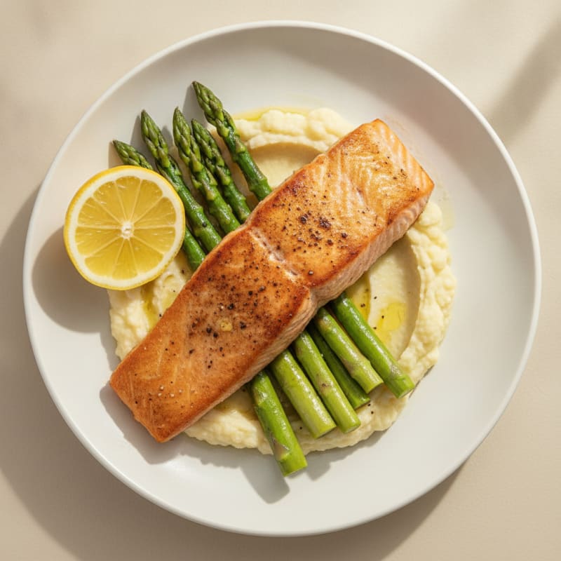 Seared Salmon with Steamed Asparagus and Cauliflower Mash