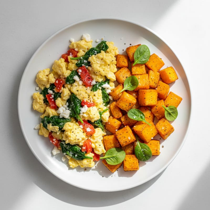 High Protein Scrambled Eggs with Roasted Sweet Potatoes