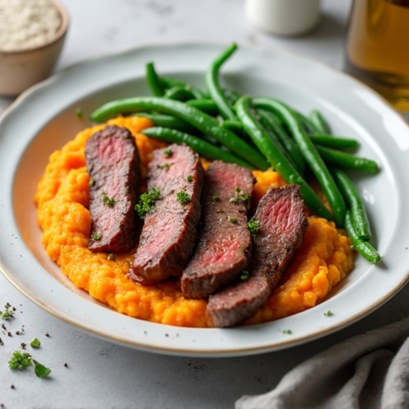 Seared Lean Beef Strips with Steamed Green Beans and Sweet Potato Mash