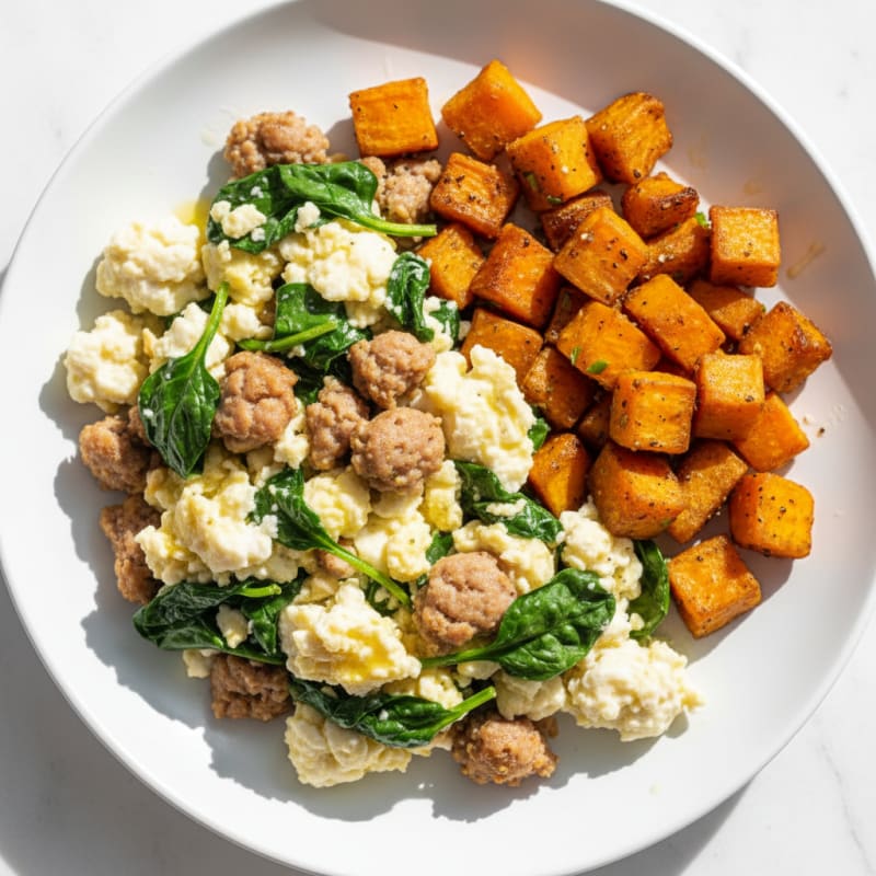 Egg White and Turkey Sausage Scramble with Spinach and Sweet Potato