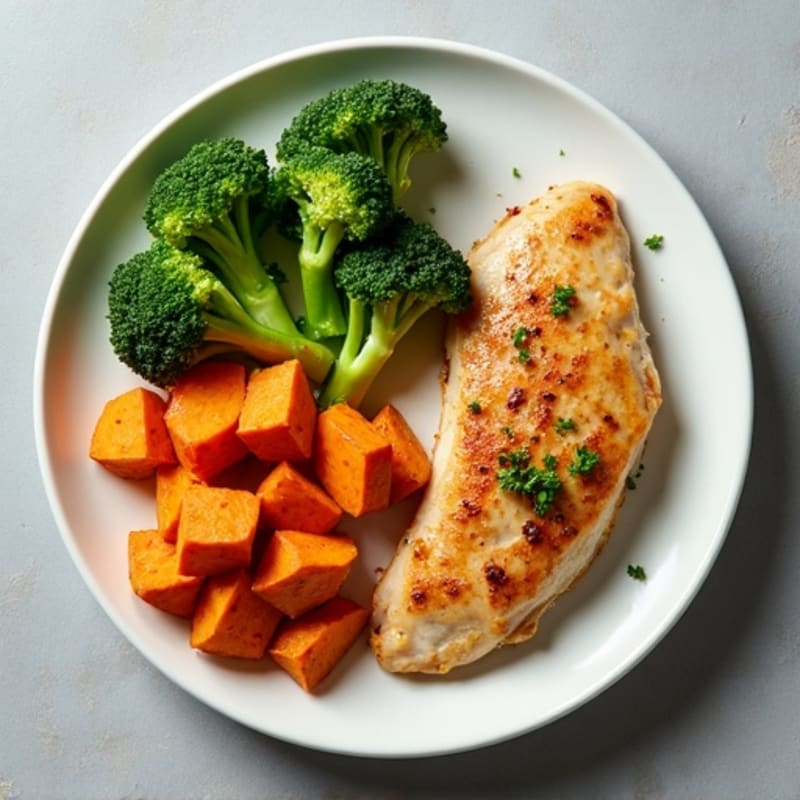 Seared Chicken Breast with Roasted Sweet Potatoes and Steamed Broccoli