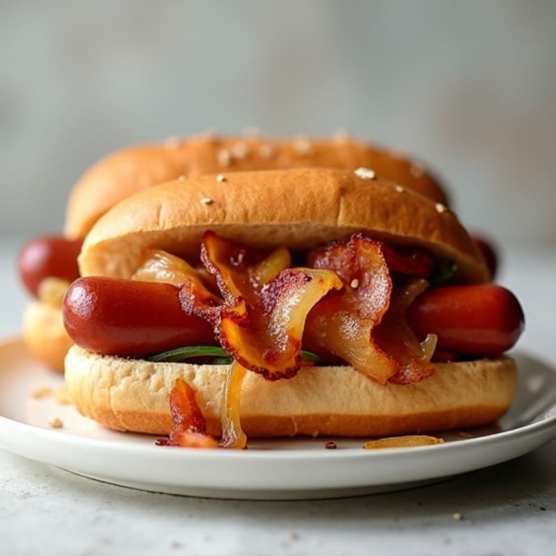 Lean Turkey Dogs with Turkey Bacon and Caramelized Onions