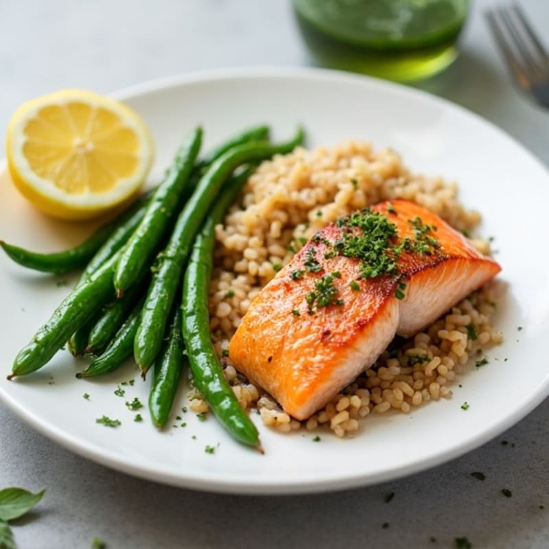 Seared Salmon Fillet with Garlic Green Beans and Brown Rice