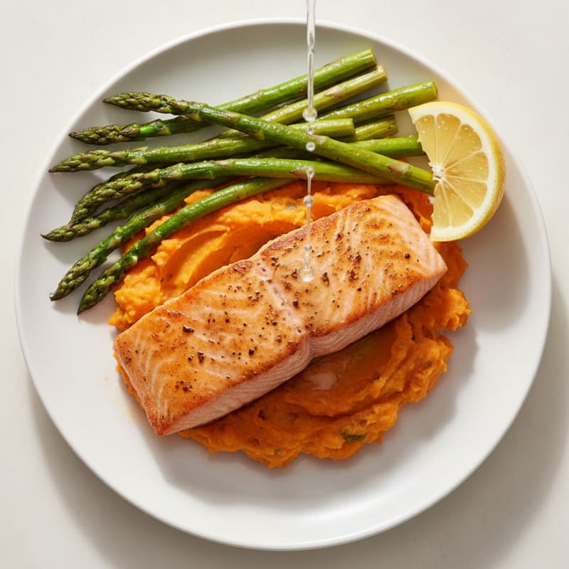 Seared Salmon Fillet with Roasted Asparagus and Sweet Potato Mash