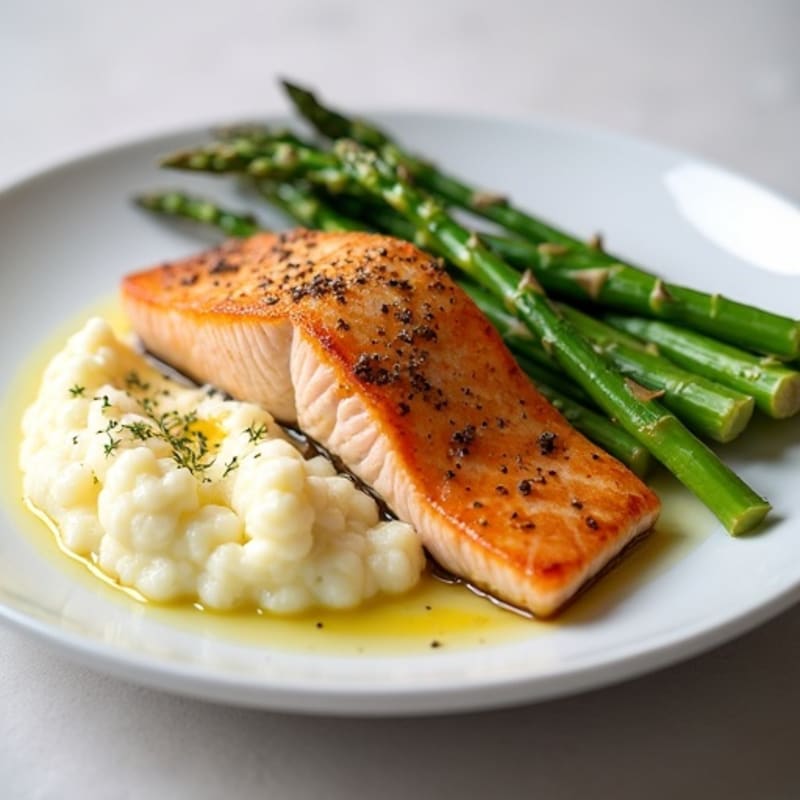 Seared Salmon with Steamed Asparagus and Garlic Cauliflower Mash