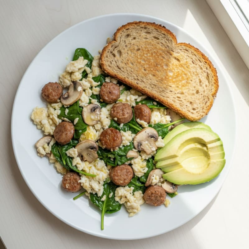 Egg White Spinach Scramble with Turkey Sausage and Sautéed Mushrooms