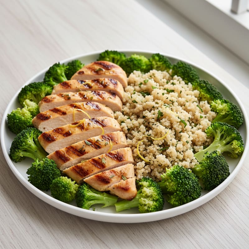 Grilled Chicken Breast with Quinoa and Steamed Broccoli