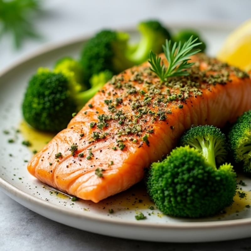 Herb-Crusted Pan Seared Salmon with Roasted Broccoli